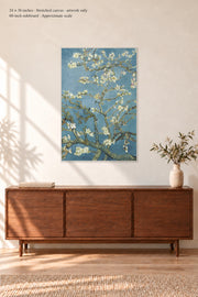 Almond Blossom · 24 × 36 inches · Stretched canvas · no border or text · room mockup · approximate scale against 60-inch sideboard