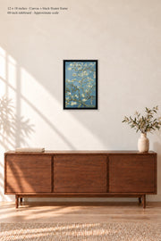 Almond Blossom · 12 × 18 inches · Canvas + Black Floater Frame · room mockup · approximate scale against 60-inch sideboard