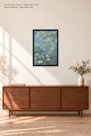 Almond Blossom · 16 × 24 inches · Canvas + Black Floater Frame · room mockup · approximate scale against 60-inch sideboard