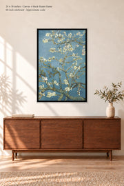 Almond Blossom · 24 × 36 inches · Canvas + Black Floater Frame · room mockup · approximate scale against 60-inch sideboard