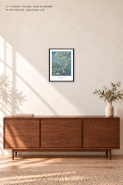 Almond Blossom · 12 × 16 inches · Art print in a simple black frame · frame not included · room mockup · approximate scale against 60-inch sideboard
