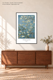 Almond Blossom · 24 × 36 inches · Art print in a simple black frame · frame not included · room mockup · approximate scale against 60-inch sideboard