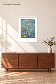 Almond Blossom · 19¾ × 27½ inches (50 × 70 cm) · Art print in a simple black frame · frame not included · room mockup · approximate scale against 60-inch sideboard