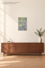 The Artist’s Garden in Giverny · 12 × 18 inches · Stretched canvas · artwork only · room mockup · approximate scale against 60-inch sideboard