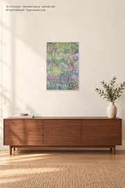 The Artist’s Garden in Giverny · 16 × 24 inches · Stretched canvas · artwork only · room mockup · approximate scale against 60-inch sideboard