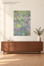 The Artist’s Garden in Giverny · 24 × 36 inches · Stretched canvas · artwork only · room mockup · approximate scale against 60-inch sideboard