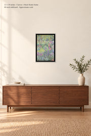 The Artist’s Garden in Giverny · 12 × 18 inches · Canvas + black floater frame · room mockup · approximate scale against 60-inch sideboard