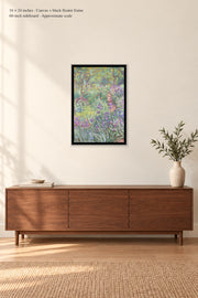 The Artist’s Garden in Giverny · 16 × 24 inches · Canvas + black floater frame · room mockup · approximate scale against 60-inch sideboard