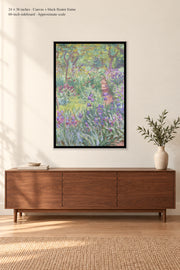 The Artist’s Garden in Giverny · 24 × 36 inches · Canvas + black floater frame · room mockup · approximate scale against 60-inch sideboard