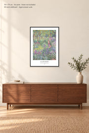 The Artist’s Garden in Giverny · 50 × 70 cm · Art print · frame not included · room mockup · approximate scale against 60-inch sideboard