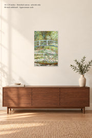 Bridge over a Pond of Water Lilies · 16 × 24 inches · Stretched canvas · artwork only · room mockup · approximate scale against 60-inch sideboard
