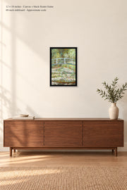 Bridge over a Pond of Water Lilies · 12 × 18 inches · Canvas + black floater frame · room mockup · approximate scale against 60-inch sideboard