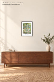 Bridge over a Pond of Water Lilies · 12 × 16 inches · Art print · frame not included · room mockup · approximate scale against 60-inch sideboard