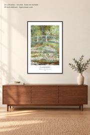 Bridge over a Pond of Water Lilies · 24 × 36 inches · Art print · frame not included · room mockup · approximate scale against 60-inch sideboard