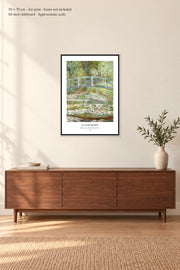 Bridge over a Pond of Water Lilies · 50 × 70 cm · Art print · frame not included · room mockup · approximate scale against 60-inch sideboard