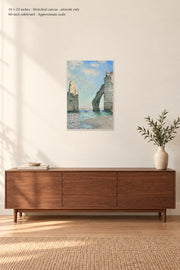 The Cliffs at Étretat · 16 × 24 inches · Stretched canvas · artwork only · room mockup · approximate scale against 60-inch sideboard