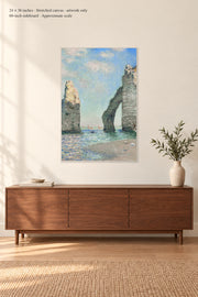 The Cliffs at Étretat · 24 × 36 inches · Stretched canvas · artwork only · room mockup · approximate scale against 60-inch sideboard