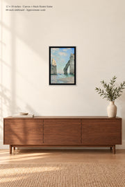 The Cliffs at Étretat · 12 × 18 inches · Canvas + black floater frame · room mockup · approximate scale against 60-inch sideboard