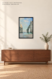 The Cliffs at Étretat · 16 × 24 inches · Canvas + black floater frame · room mockup · approximate scale against 60-inch sideboard