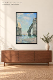 The Cliffs at Étretat · 24 × 36 inches · Canvas + black floater frame · room mockup · approximate scale against 60-inch sideboard