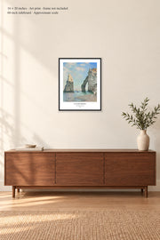 The Cliffs at Étretat · 16 × 20 inches · Art print · frame not included · room mockup · approximate scale against 60-inch sideboard