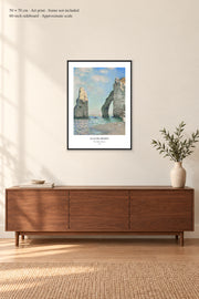The Cliffs at Étretat · 50 × 70 cm · Art print · frame not included · room mockup · approximate scale against 60-inch sideboard