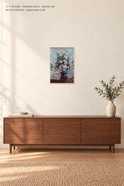 Chrysanthemums · 12 × 18 inches · Stretched canvas · artwork only · room mockup · approximate scale against 60-inch sideboard