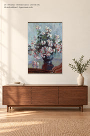 Chrysanthemums · 24 × 36 inches · Stretched canvas · artwork only · room mockup · approximate scale against 60-inch sideboard