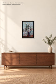 Chrysanthemums · 12 × 18 inches · Canvas + black floater frame · room mockup · approximate scale against 60-inch sideboard