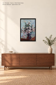 Chrysanthemums · 16 × 24 inches · Canvas + black floater frame · room mockup · approximate scale against 60-inch sideboard