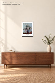 Chrysanthemums · 12 × 16 inches · Art print · frame not included · room mockup · approximate scale against 60-inch sideboard