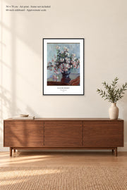 Chrysanthemums · 50 × 70 cm · Art print · frame not included · room mockup · approximate scale against 60-inch sideboard