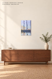 The Four Trees · 12 × 18 inches · Stretched canvas · artwork only · room mockup · approximate scale against 60-inch sideboard