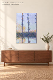 The Four Trees · 24 × 36 inches · Stretched canvas · artwork only · room mockup · approximate scale against 60-inch sideboard