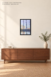The Four Trees · 12 × 18 inches · Canvas + black floater frame · room mockup · approximate scale against 60-inch sideboard