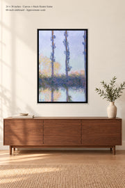 The Four Trees · 24 × 36 inches · Canvas + black floater frame · room mockup · approximate scale against 60-inch sideboard