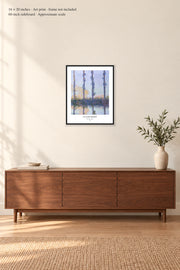 The Four Trees · 16 × 20 inches · Art print · frame not included · room mockup · approximate scale against 60-inch sideboard