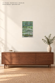 The Japanese Footbridge · 12 × 18 inches · Stretched canvas · artwork only · room mockup · approximate scale against 60-inch sideboard