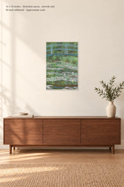 The Japanese Footbridge · 16 × 24 inches · Stretched canvas · artwork only · room mockup · approximate scale against 60-inch sideboard