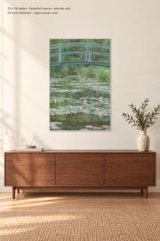 The Japanese Footbridge · 24 × 36 inches · Stretched canvas · artwork only · room mockup · approximate scale against 60-inch sideboard