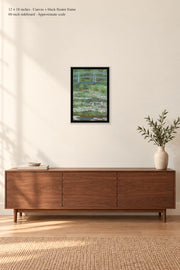 The Japanese Footbridge · 12 × 18 inches · Canvas + black floater frame · room mockup · approximate scale against 60-inch sideboard