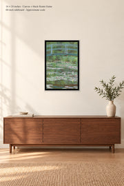 The Japanese Footbridge · 16 × 24 inches · Canvas + black floater frame · room mockup · approximate scale against 60-inch sideboard