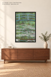 The Japanese Footbridge · 24 × 36 inches · Canvas + black floater frame · room mockup · approximate scale against 60-inch sideboard