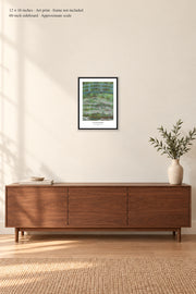 The Japanese Footbridge · 12 × 16 inches · Art print · frame not included · room mockup · approximate scale against 60-inch sideboard