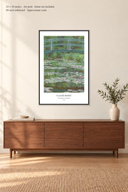 The Japanese Footbridge · 24 × 36 inches · Art print · frame not included · room mockup · approximate scale against 60-inch sideboard