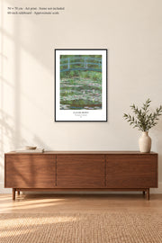 The Japanese Footbridge · 50 × 70 cm · Art print · frame not included · room mockup · approximate scale against 60-inch sideboard