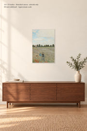 The Poppy Field near Argenteuil · 16 × 24 inches · Stretched canvas · artwork only · room mockup · approximate scale against 60-inch sideboard