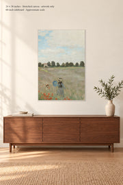The Poppy Field near Argenteuil · 24 × 36 inches · Stretched canvas · artwork only · room mockup · approximate scale against 60-inch sideboard