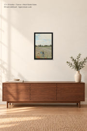 The Poppy Field near Argenteuil · 12 × 18 inches · Canvas + black floater frame · room mockup · approximate scale against 60-inch sideboard