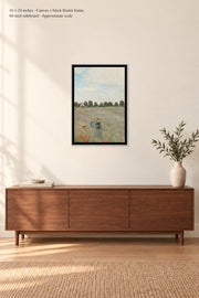 The Poppy Field near Argenteuil · 16 × 24 inches · Canvas + black floater frame · room mockup · approximate scale against 60-inch sideboard